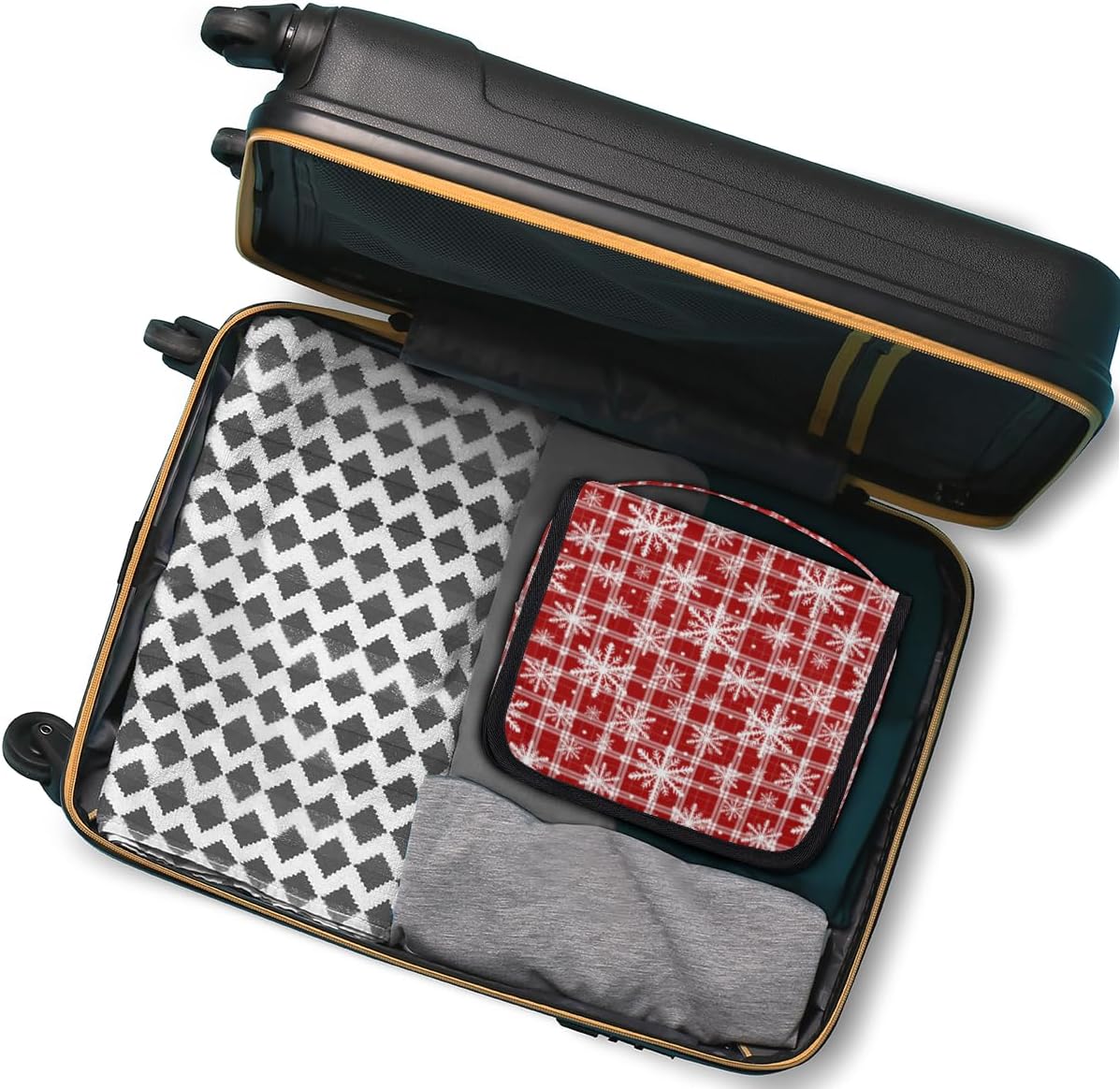 Travel Hanging Toiletry Bag for Women kids, Christmas Snowflake Red Plaid Cosmetic Bag Waterproof Makeup Organizer for weekend overnight Bathroom