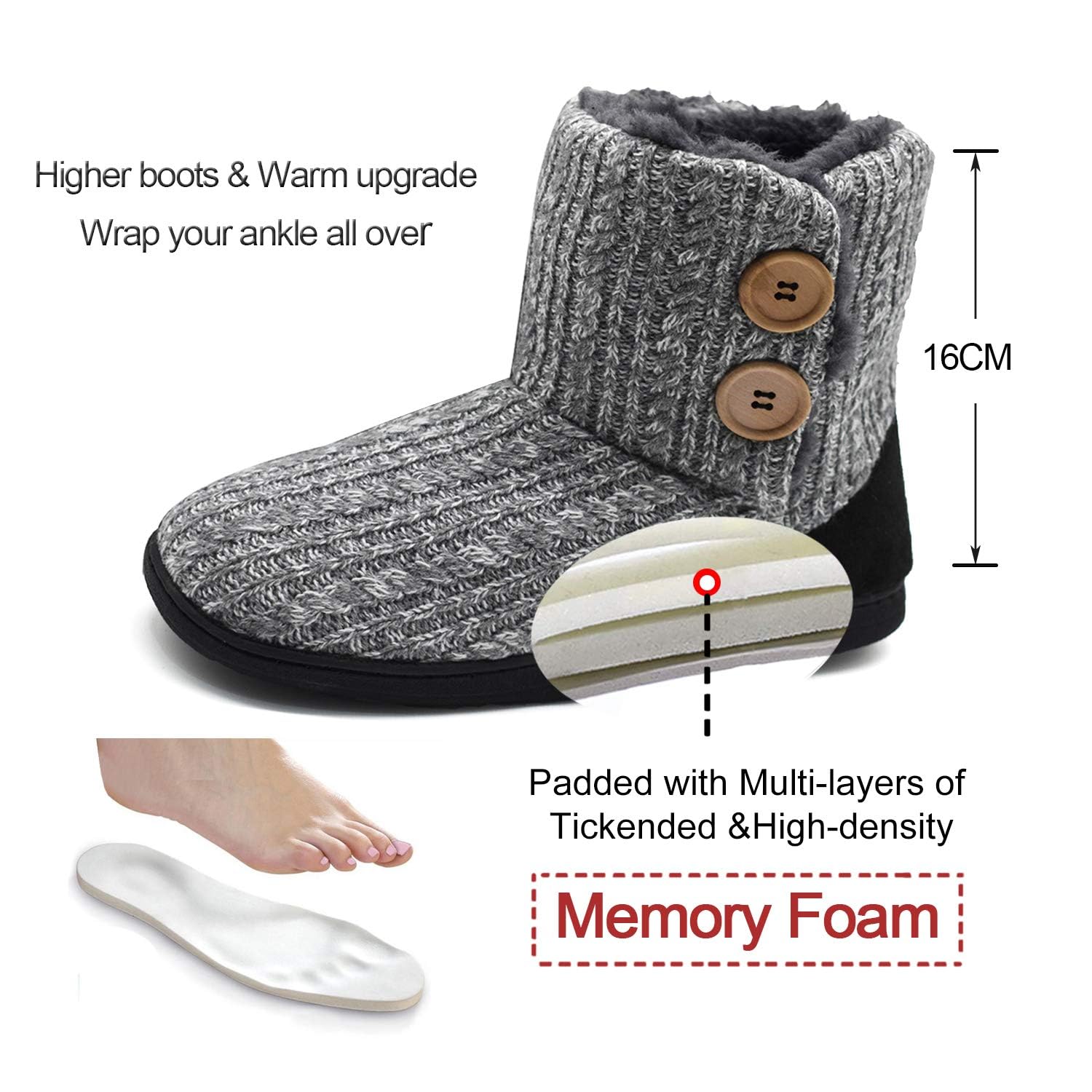 KuaiLu Pantofole Stivaletto Donna Invernali Chiuse a Maglia Stitch Memory Foam Ciabatte Stivaletti Casa Comode Calde Pelose Peluche Pelle Antiscivolo Slippers