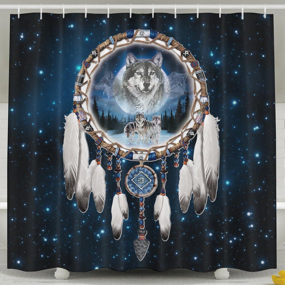 Indian Catcher Wolf Shower Curtain Fabric Bathroom Shower Curtain Set,72x60 Inch