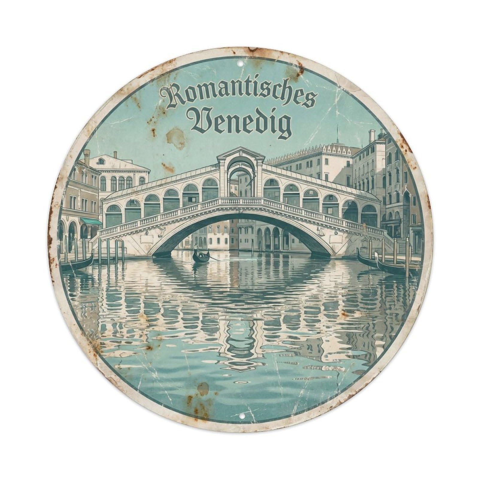 Venezia Canal Bridge Gondola Vintage Italian Wanderlust Metal Tin Sign Plaque Wall Decor for Cafe, Man Cave, Club Bar, Office, Home Garden Round Metal Poster 8x8Inch