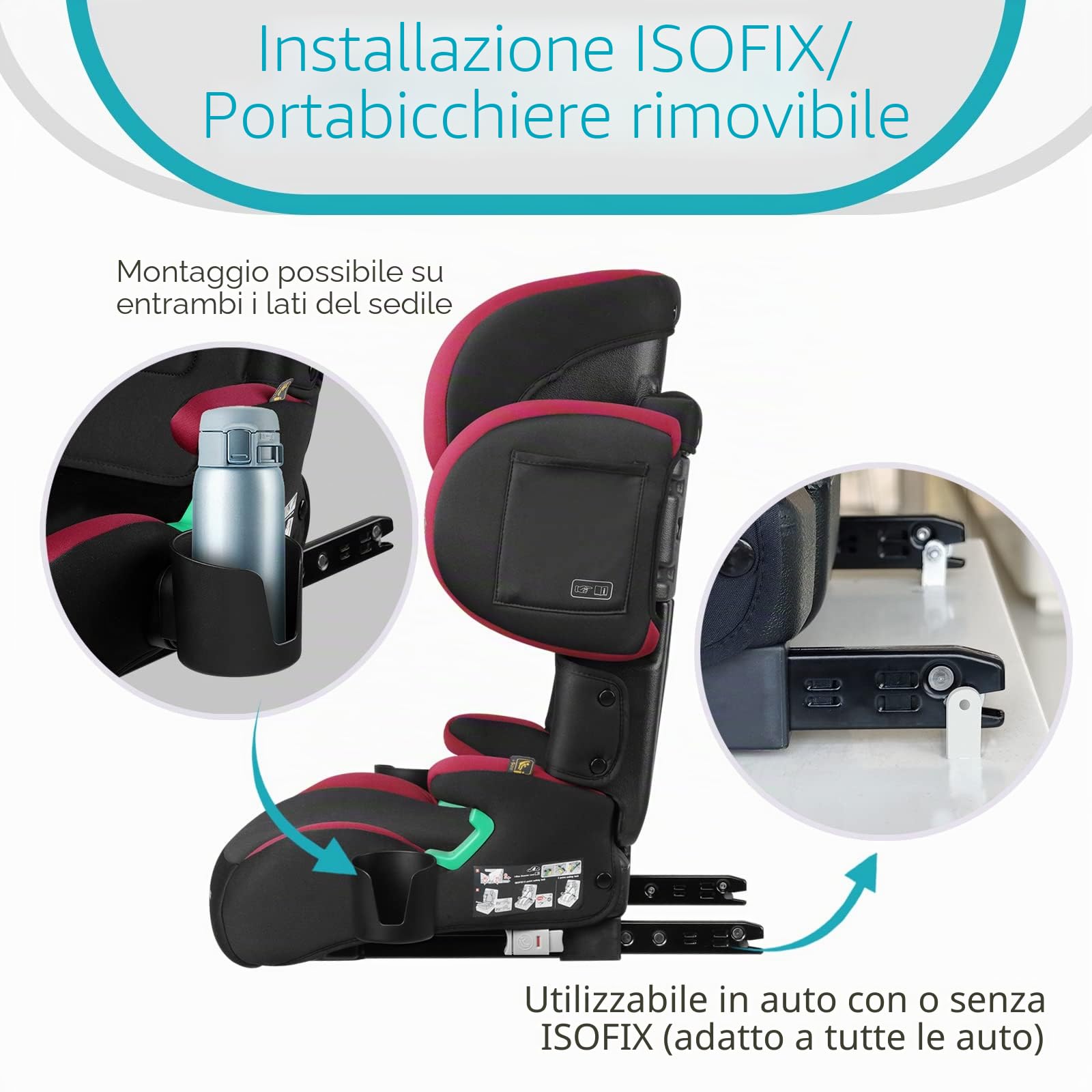 globalkids Seggiolino auto per bambini da 15 a 36 kg, seggiolino auto con Isofix, i-Size R129, rialzo seggiolino per bambini, da 3,5 a 12 anni (da 100 a 150 cm), braccioli e poggiatesta regolabili in