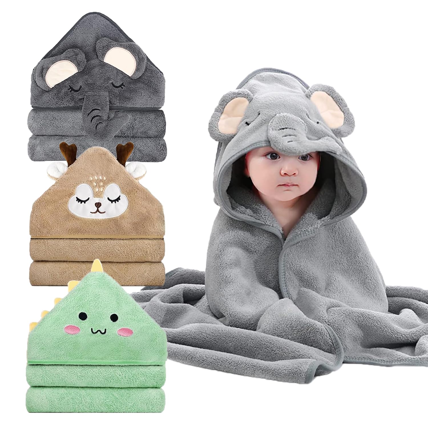 ROXANEPIG 3 Pack Hooded Baby Towel - Premium Soft Bath Towel for Bathtub for Babie, Newborn, Infant - Ultra Absorbent, Natural Baby Stuff Towel for Boy and Girl (3 Pack, Gray, Green, Brown)