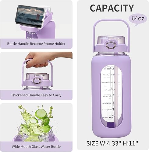 Miniatura 9 de chunmo Pernos de agua de vidrio de 42 oz52 oz64 oz con pajilla, botella de agua motivacional grande de medio galón con marcador de tiempo, botellas
