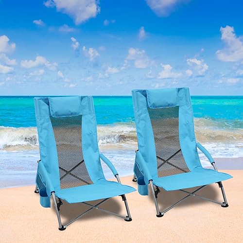 Miniatura 1 de BESTHLS Sillas de playa bajas para adultos, paquete de 2, sillas de arena plegables con respaldo alto para playa, con portavasos y bolsa de