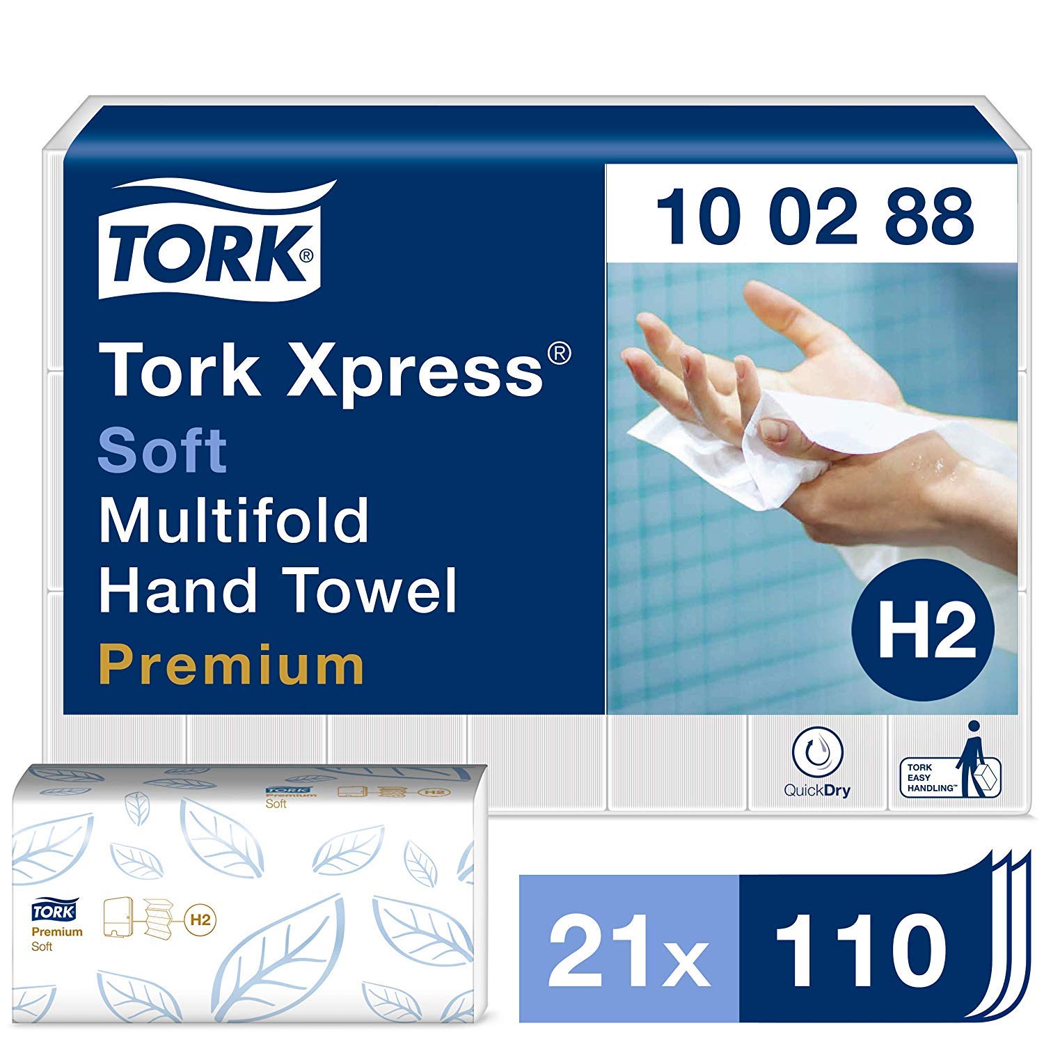 Tork 100288 Xpress Essuie-mains interfoliés doux Premium/Compatible avec le système Tork H2 Multifold / 2 plis / 21 x 110 feuilles (34 x 21 cm) - Blanc