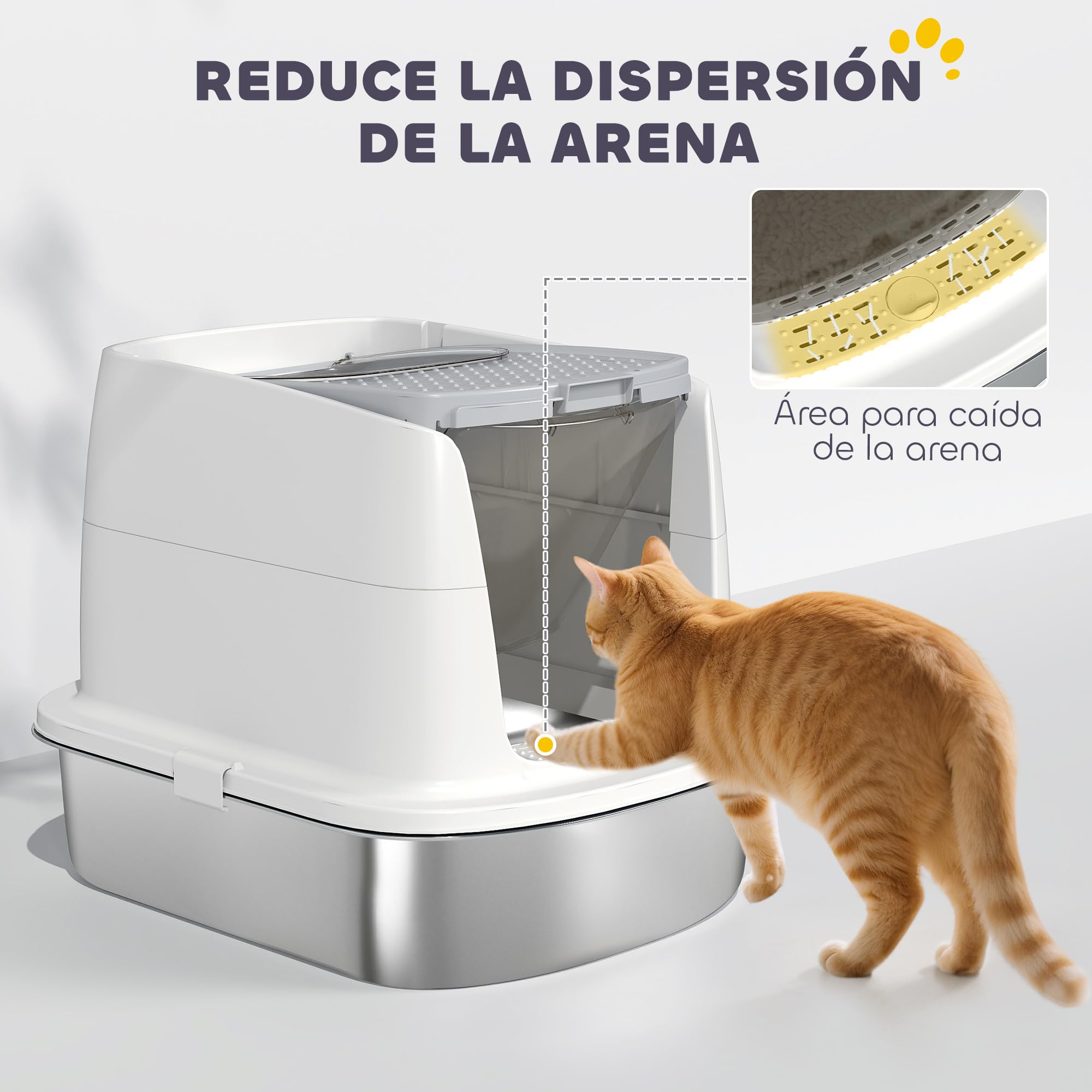 PawHut Arenero para Gatos de Acero Inoxidable L con Tapa Abatible Blanco | Caja de Arena para Gatos, Pala Metálica, Bolsa Desodorizante, Fácil de Limpiar, Antifugas