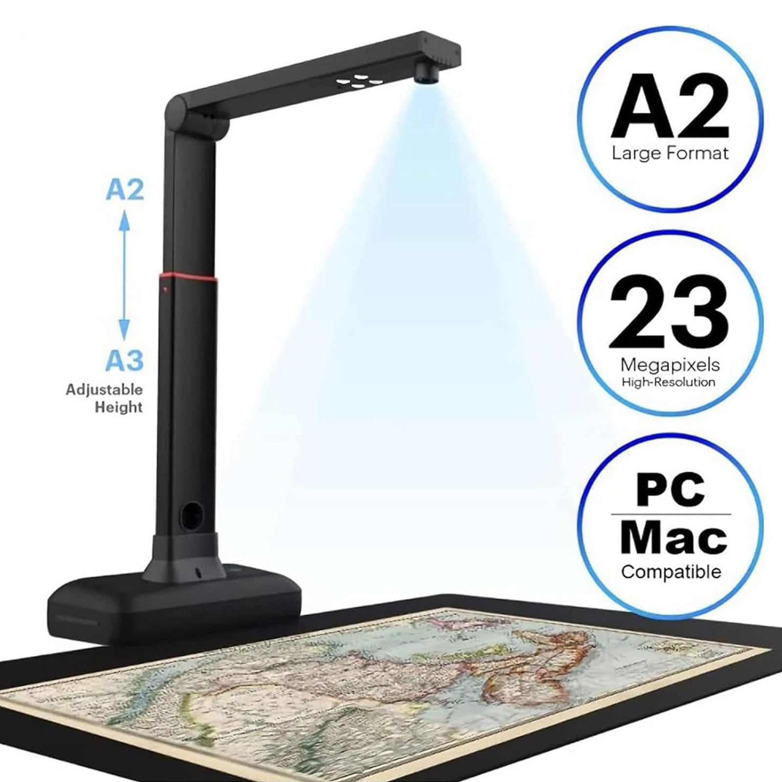 Escáner Libros Formato A2/3, escáner cámara Altura Ajustable, resolución hasta 23 MP, escaneo automático con Suavizado y división páginas Dobles Libros, reconocimiento Texto OCR
