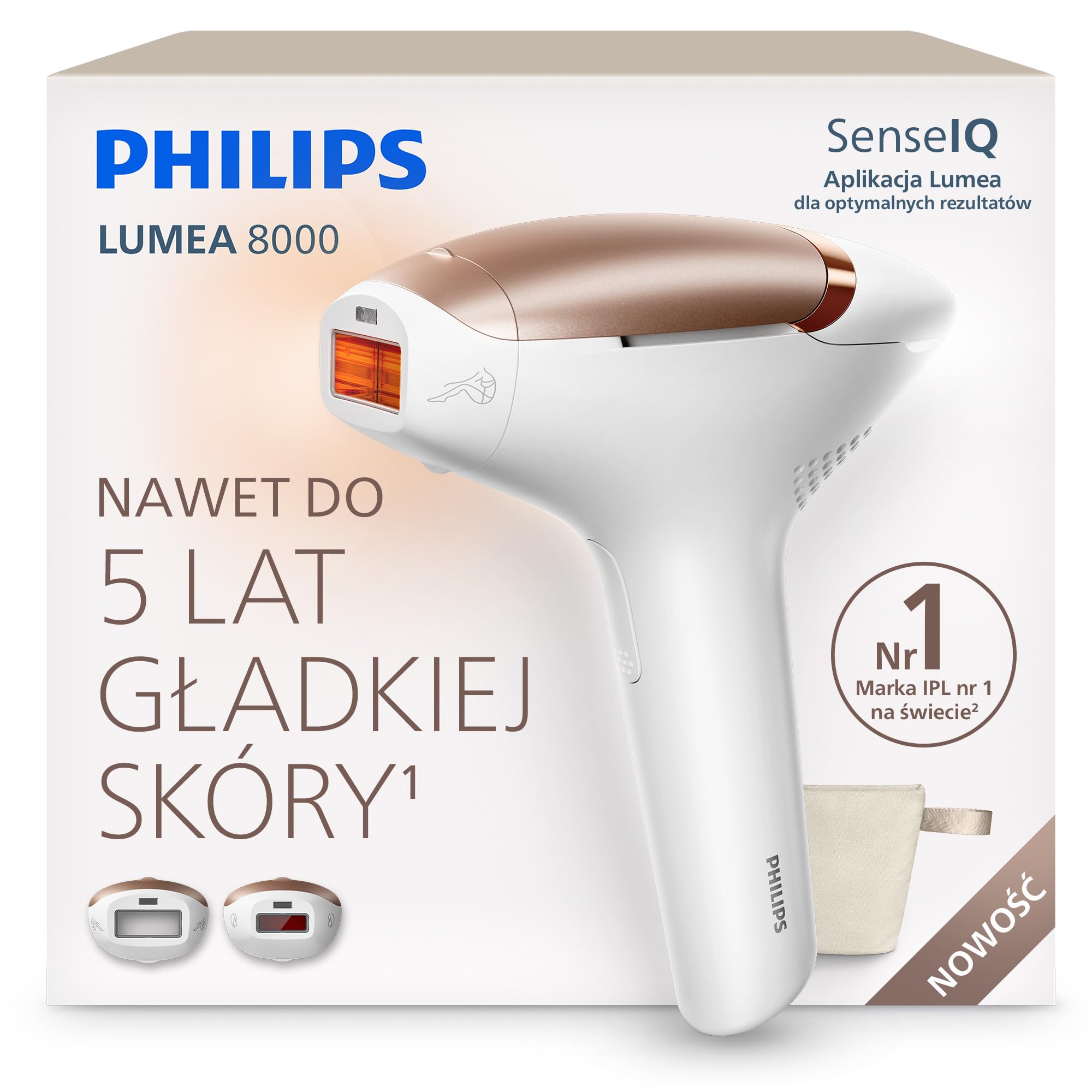 Philips Lumea 8000 IPL – urządzenie do depilacji światłem: długotrwałe efekty, łatwość użytkowania w domowym zaciszu, bezpieczeństwo klasy medycznej, dwie nasadki do ciała i twarzy, model BRI935/00