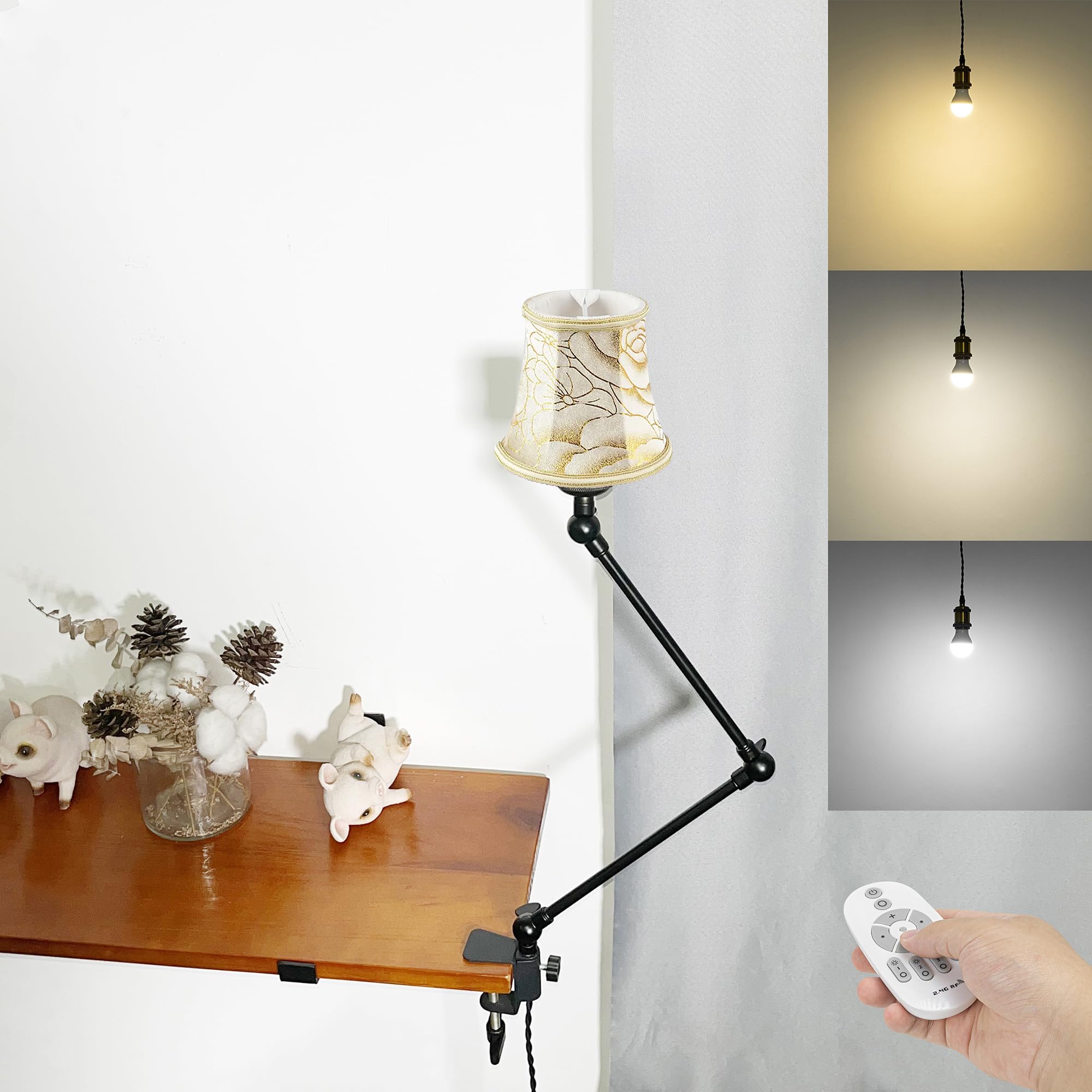 Klemmleuchte mit Fernsteuerung,1 Packung Leselampe mit 2,5 m Kabel, Dimmbar Nachttischlampe,Augenpflege Schreibtischlampe für Büro Heimgebrauch, E27 Lampenhalterung - DZ0332/10