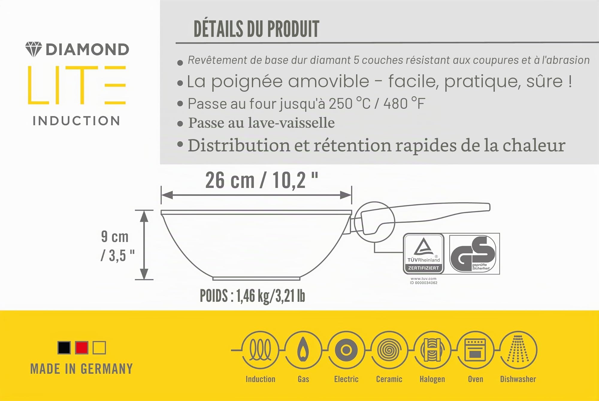 Woll Diamond Lite Wok - Induction -, Ø 26 cm, hauteur 9 cm, avec manche amovible - Convient à tous les types de cuisinières, antiadhésif, fonte d'aluminium