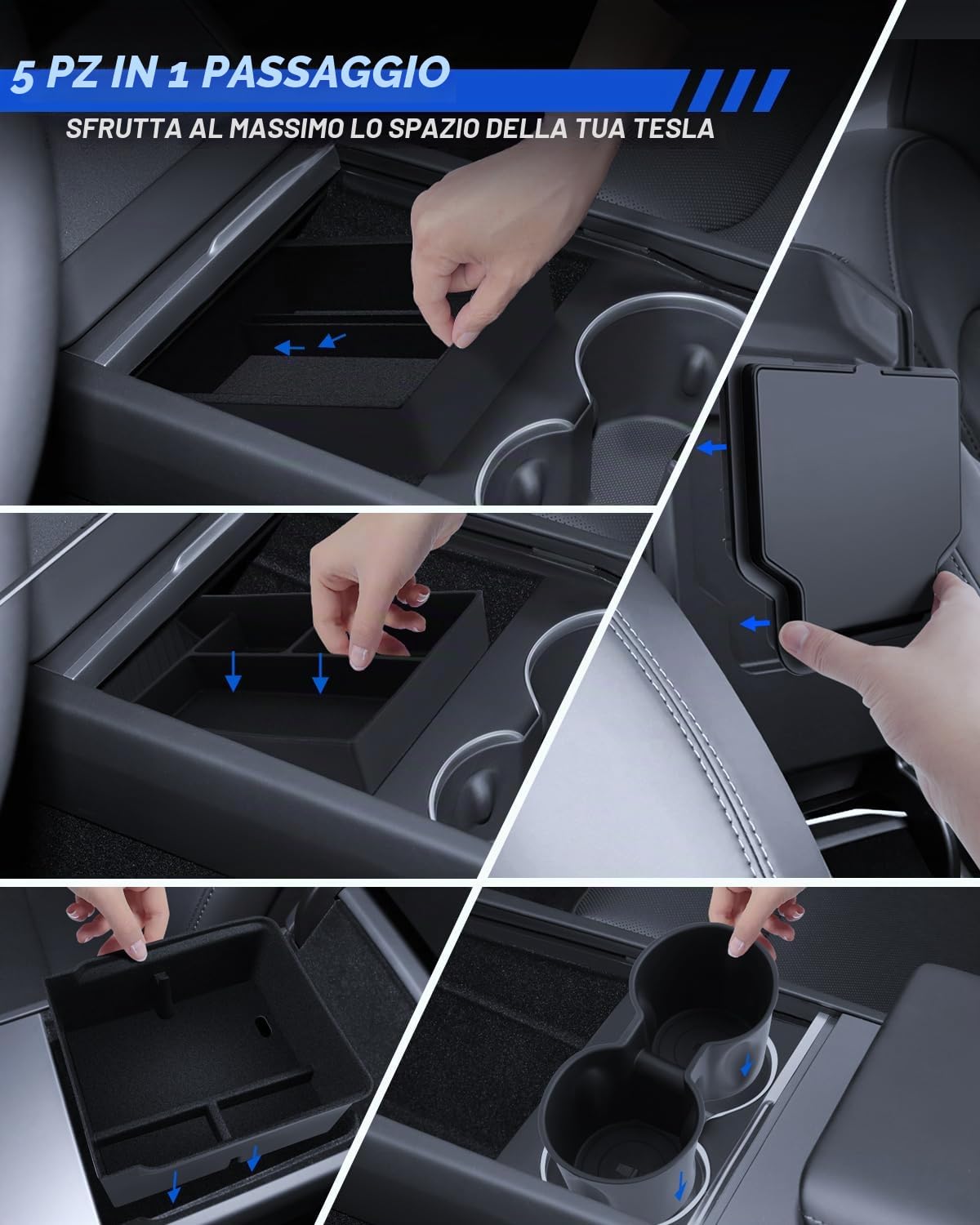 5 pezzi accessori per Tesla Model Y 2025-2026 Juniper console centrale, vassoio organizer in silicone, scatola portaoggetti per braccioli, scatola nascosta e portabevande (Flocking)