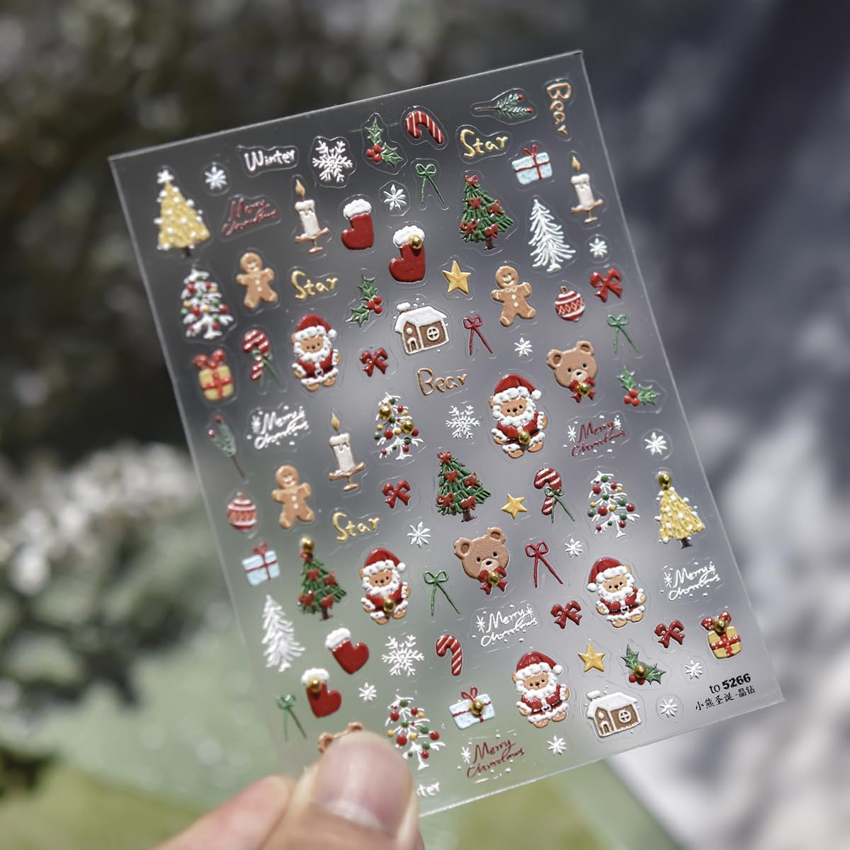 Christmas Nail Art Stickers 5D Embossed Xmas Cute Bear Nail Stickers Christmas Sock Xmas Gift Xmas Tree Bowknot Gingerbread Man Nail Decals for Women Winter Holiday Manicure DIY Nail Supplies 1 Sheet
