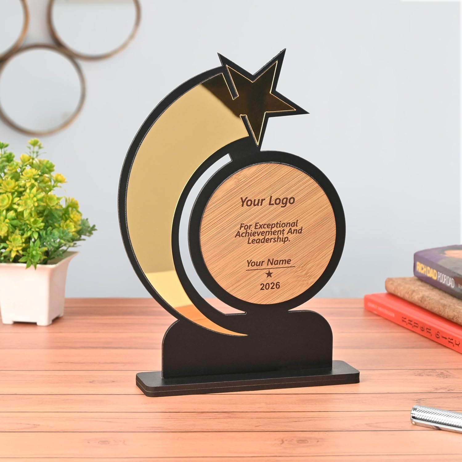 Custom Star Design Wooden Acrylic Trophy Award with Personalized Name Logo Text Engraving Corporate Employee Recognition Award Memento Office Desk Decoration Gift for Achievement Ceremony (Small)-picture-10