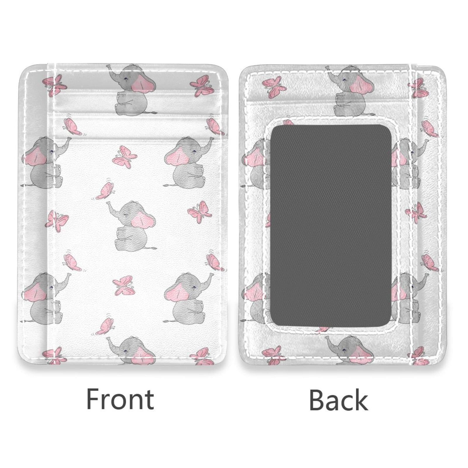 Slim Minimalist RFID Blocking Wallet, Front Pocket Leather Credit Card Holder Unisex Case Protector Covers Print Cute Elephants Pink Butterflies Seamless On White Style