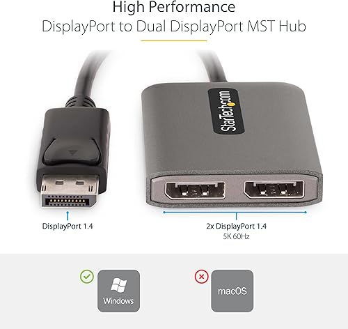 Miniatura 3 de StarTech.com Divisor DisplayPort 1.4 de 2 puertos, adaptador multimonitor DP a 2x DP, concentrador MST dual 5K 60Hz, solo Windows (sin soporte para