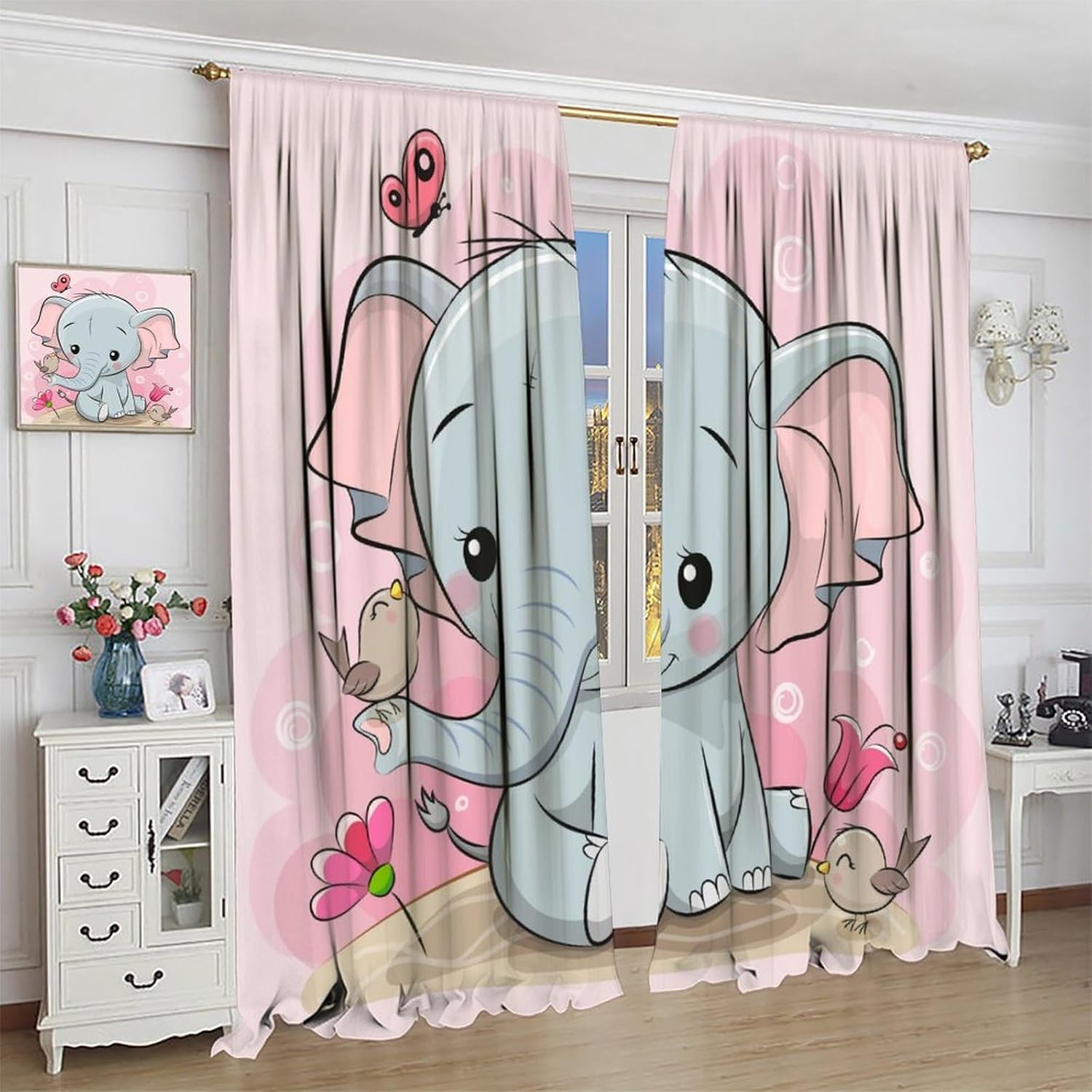 Cartoon Elephant Curtains Cute Baby Elephant Birds Butterfly Pattern for Kids Room Decoration Blackout Print Rod Pocket Window Drapes for Bedroom Living Room 42x45in