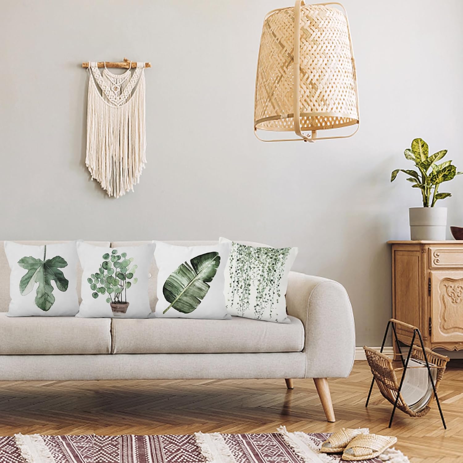 Green Plants Decorative Throw Pillow Covers, Green Leaves Velvet Throw Pillow Case, 4-Pack Double-Side Printed Pillowcases for Sofa and Living Room, 18x18 in image 3