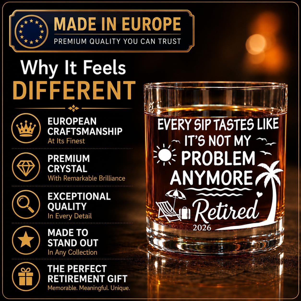 Retirement Gifts for Men 2026, Funny Retirement Gift for Dad, Grandpa, Coworker, Boss, Friend, Colleague, Every Sip Tastes Like It's Not My Problem Anymore, Retired 2026 Whiskey Glass