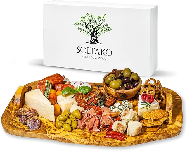 SOLTAKO Olive Wood Board with a Rustic Handle, Handmade Cheese Board, Olive Wood Serving Platter, Serving Board with Juice Groove, Sturdy Wooden Board (45cm)