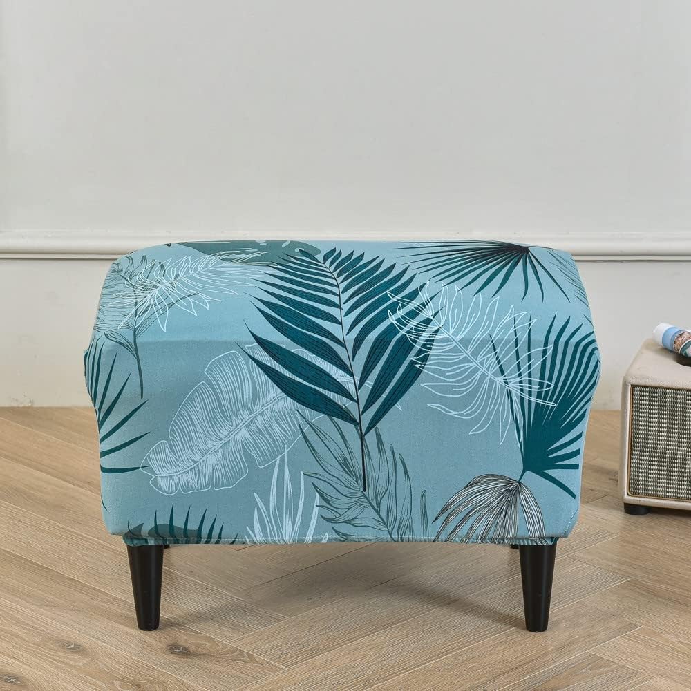 Highdi Ottoman Cover Rectangle Polyester Spandex, Stretch Footstool Slipcover,Stool Protector Cover with Elastic Bottom,Removable Washable Dustproof Footrest Pouffe Covers (blue leaves,1pc)