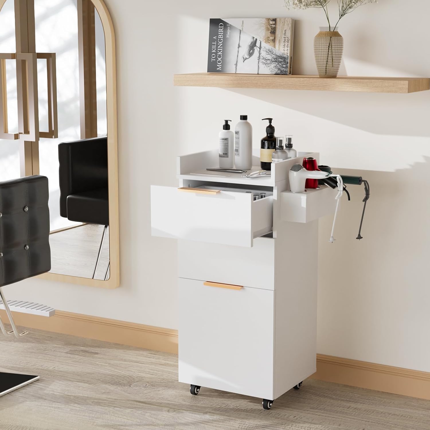 OmySalon Salon Trolley with Wheels, 2 Drawers & 1 Storage Cabinet, Salon Cart for Hair Stylist, Portable Styling Station for Barbershop Beauty Spa, White