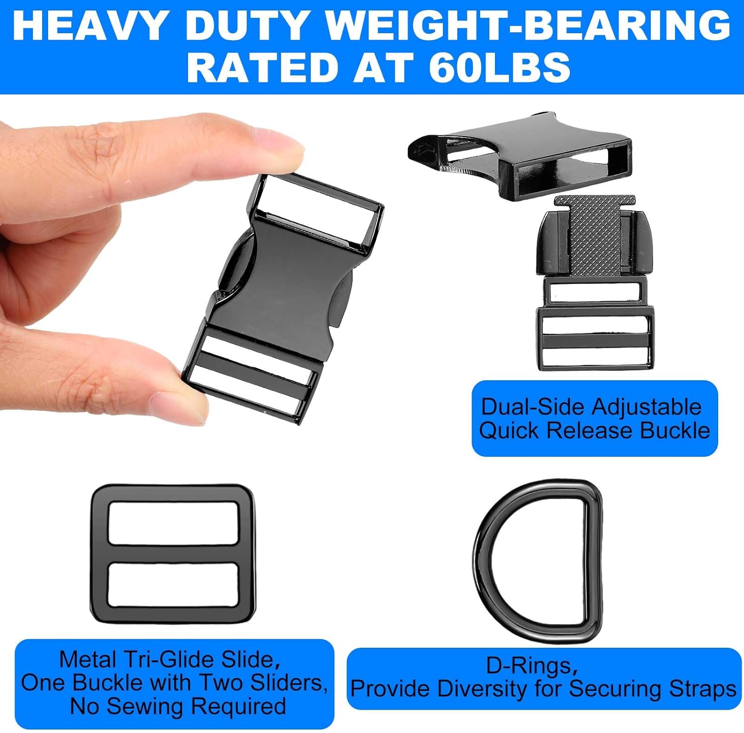 Zeyune 32 Pack Metal Buckles for Straps Dog Collar, 8 Pcs Side Release Buckle 8 Pcs D Rings 16 Pcs Tri Glide Slides Buckles - Image 4