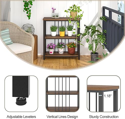 Vista 24 de FOLUBAN Estantería de 3 niveles, estantería industrial y estantes para libros, para dormitorio, madera rústica y metal, para oficina, roble