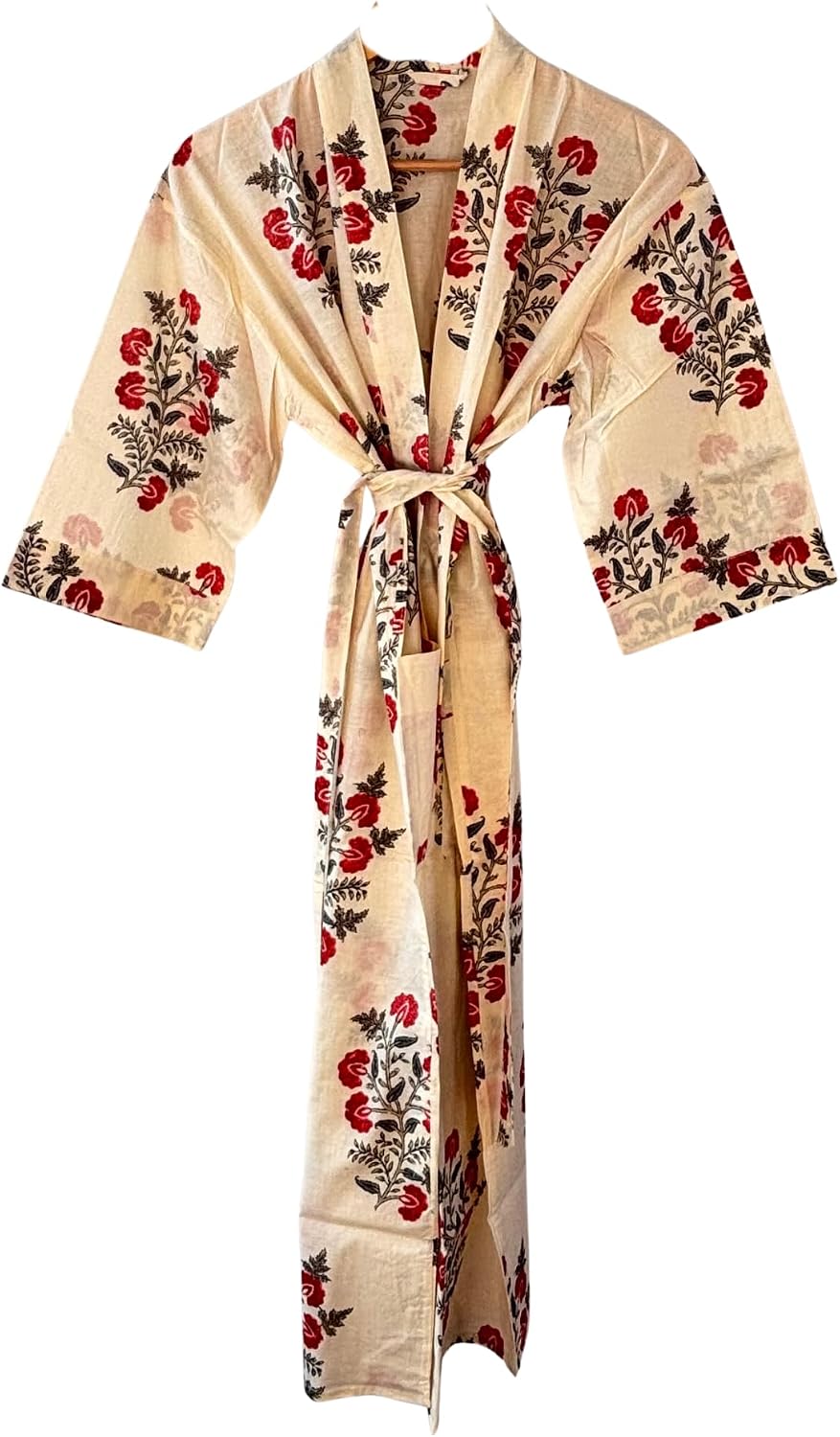 Cotton Kimono Robe Bathrobe Sleepwear, Long Traditional Style 48-50 Inches Length, Two Side Pockets