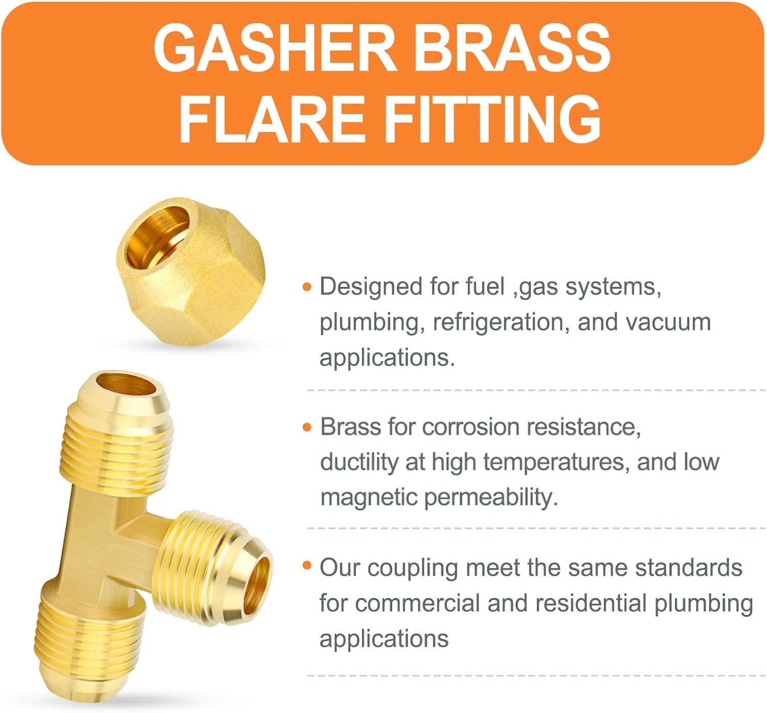 GASHER 5PCS Brass 3 Way Tee Tube Fitting Pipe Adapter, 1/2" x 1/2" x 1/2" Male Flare Tee Pipe Fittings With 1/2 Inch Flare Nut