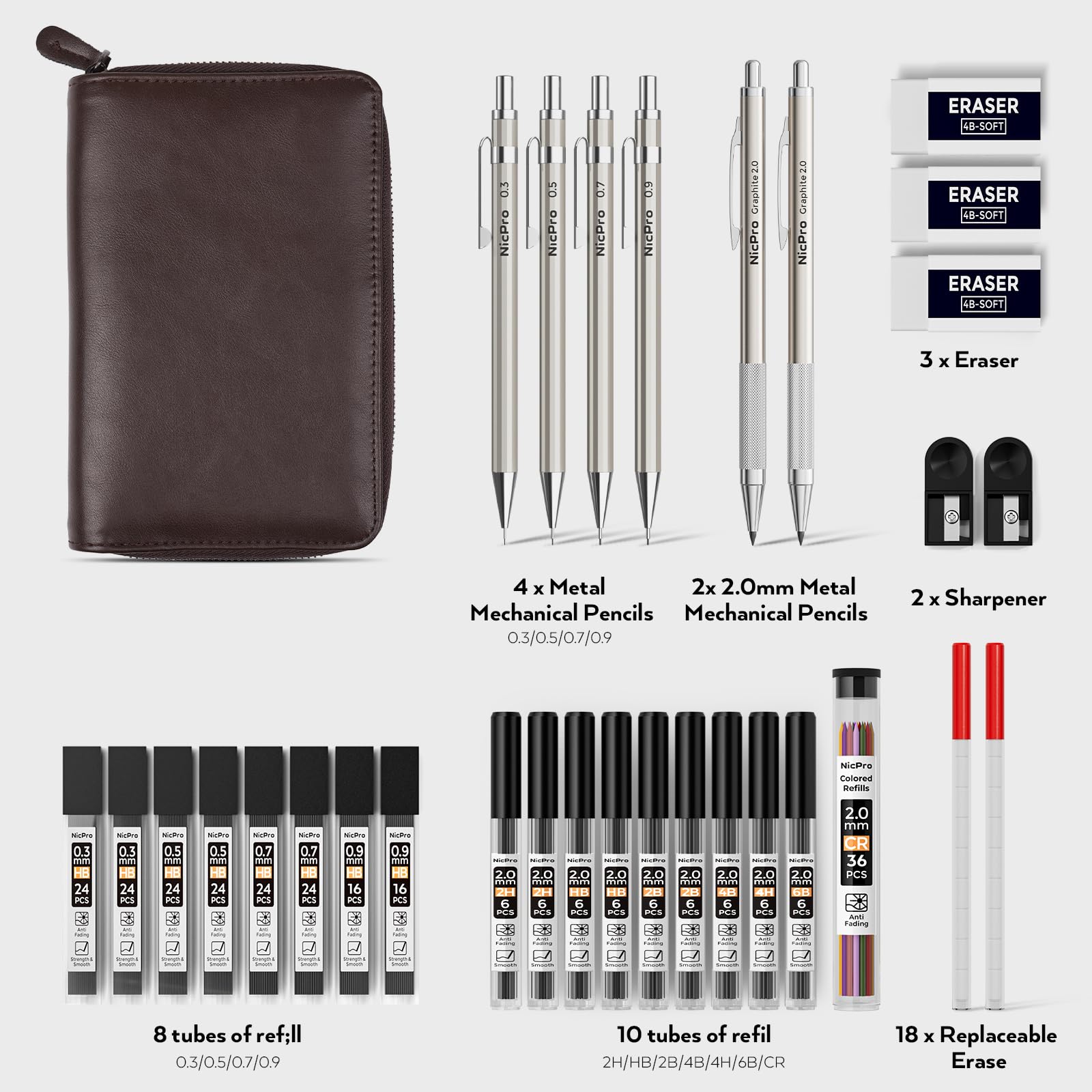 Nicpro 6 Pezzi Matite Meccaniche Set con Custodia in Pelle, matita da disegno 0,3 0,5 0,7 0,9 mm, Portamine 2 mm, con 18 tubi Mina (6B 4B 2B HB 2H 4H colori), Art Portamine per Disegno Scrittura