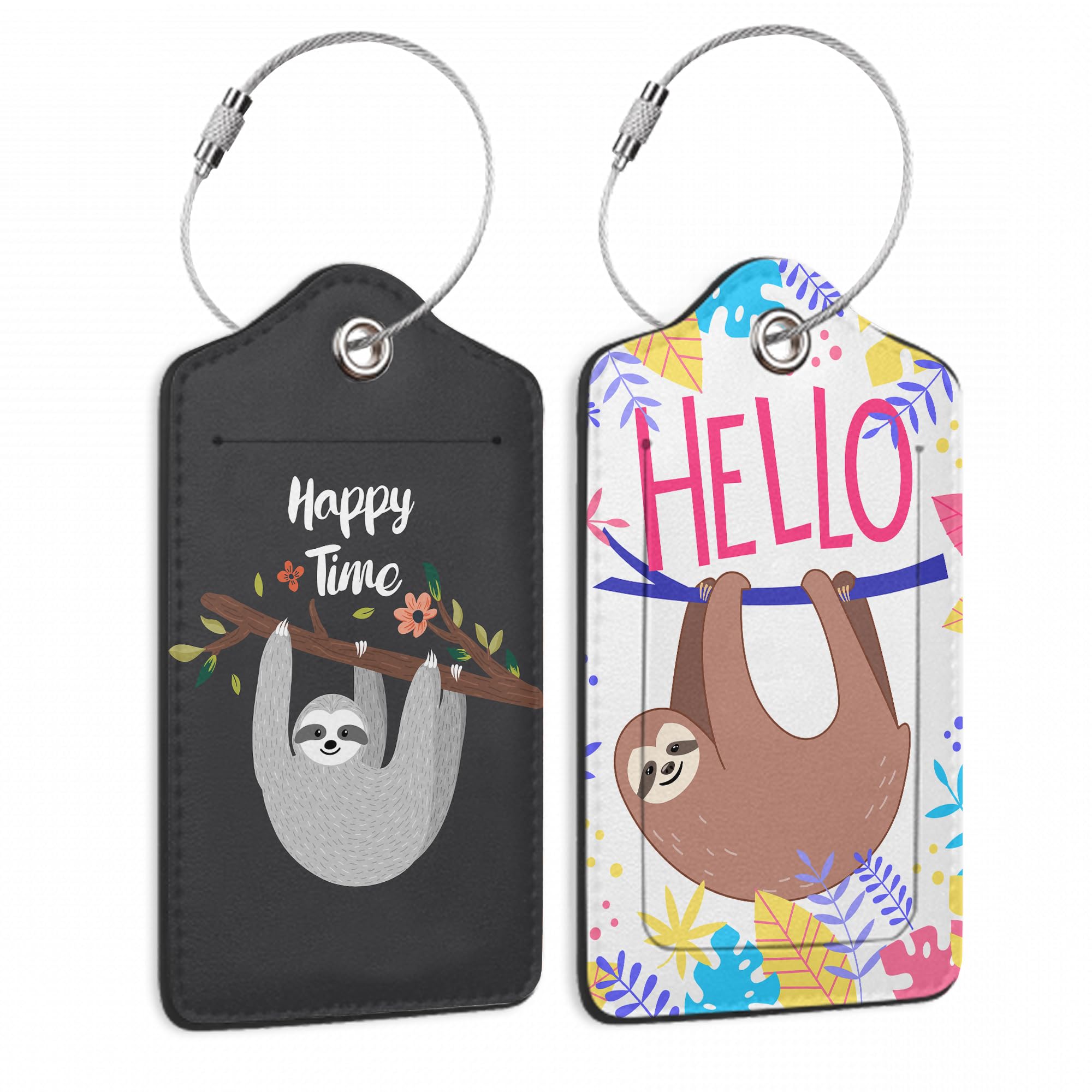 Set of 2 Funny Sloth,Happy Time Cartoon Animal Luggage Tags for Suitcases, Cute Sloth, Colorful Tropical Leaves Leather Suitcase Tag Name Identifiers Labels for Travel Bag Baggage Backpack