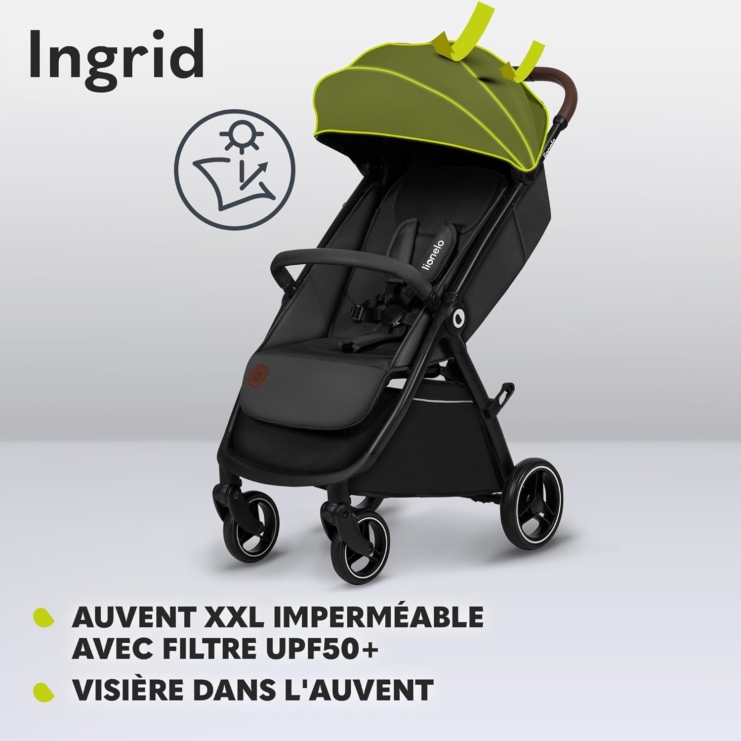 Lionelo Ingrid Stroller with its XXL waterproof canopy extended, showing the UPF50+ filter.