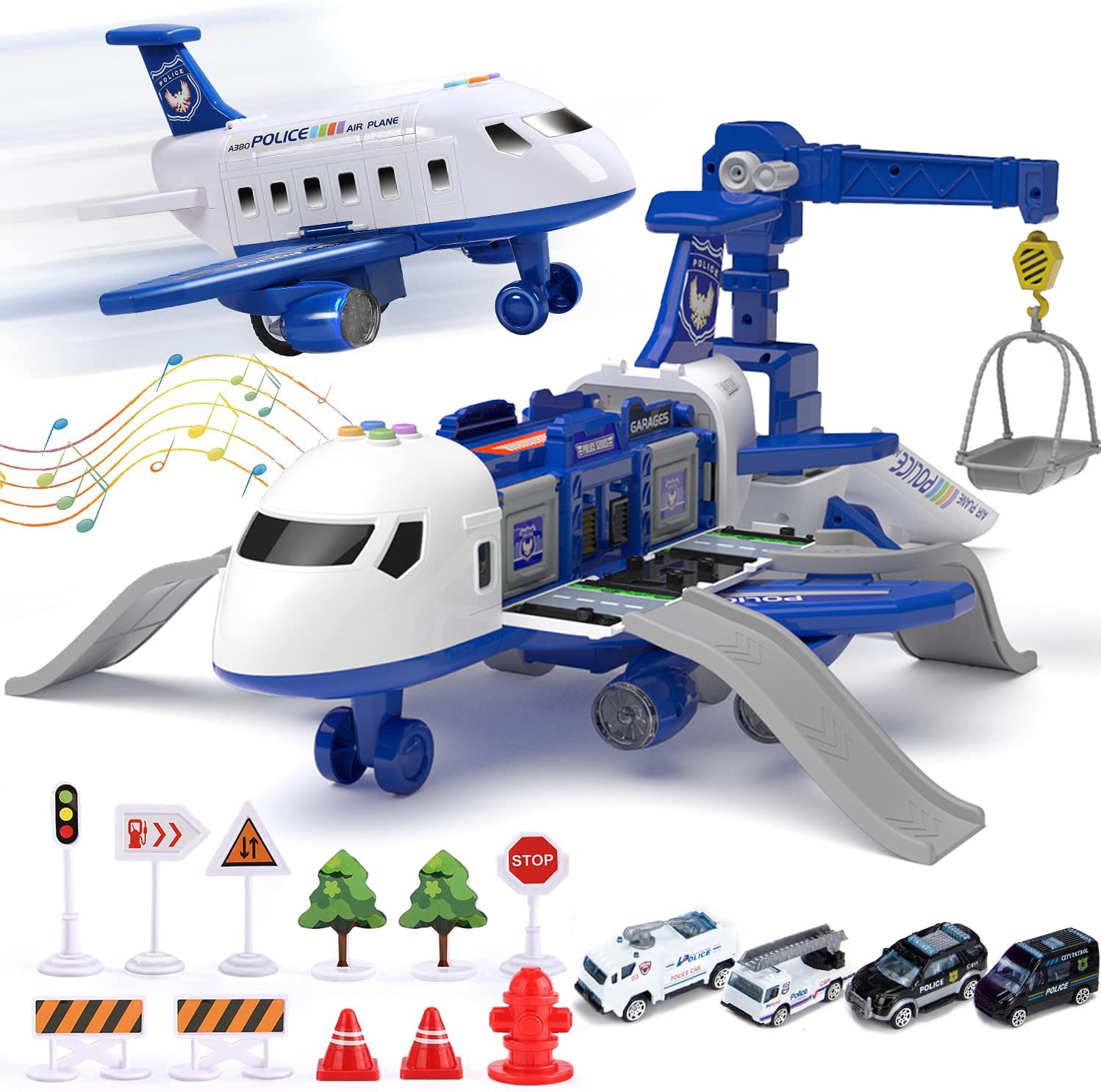 Airplane Toys Set with Transport Cargo with 4pcs Engineering Theme Vehicles car Toy, Plane Toys with Lights and Sounds, Educational Vehicle Airplane Car Set for Boys and Girls (Blue Airplane)