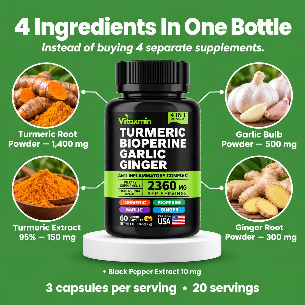 Turmeric Curcumin Supplement with BioPerine & Garlic - 2360mg Turmeric Ginger Root Capsules for Joint Support, Immune Health & Daily Wellness - 60 Caps — Amazon image 3