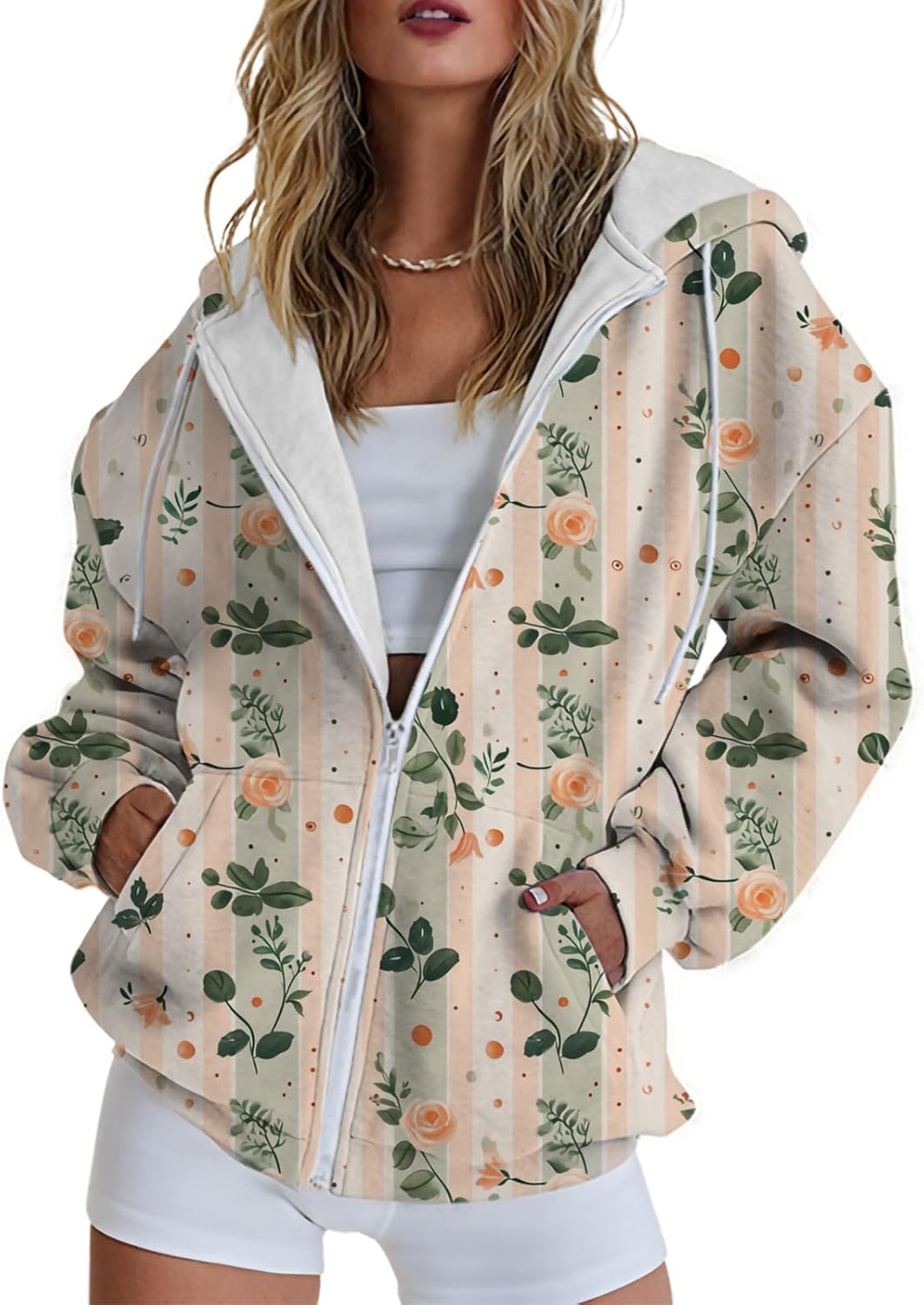 MARSVOVO Oversized Sweatshirts for Women 2025 Zip Up Graphic Print Loose Casual Jacket Trendy Outfits Tops with Pockets