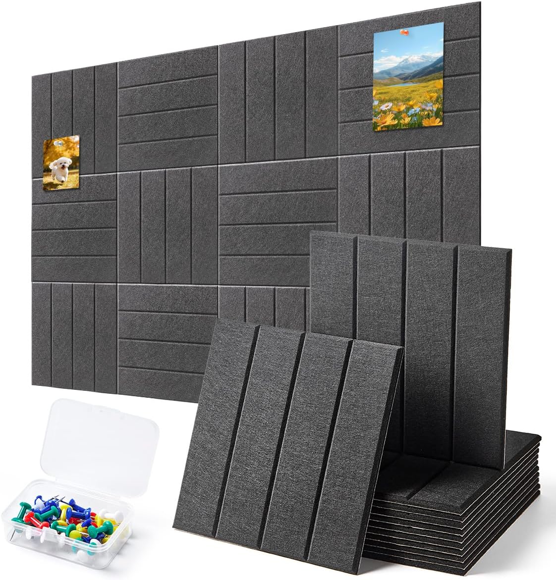 Large Cork Board and Felt Bulletin Board Combo for Wall, 48x36 Inch Office -12 Pack Removable Felt Wall Tiles Home Pin Board, Message Center for Notes, Photos, and Memos (Black)