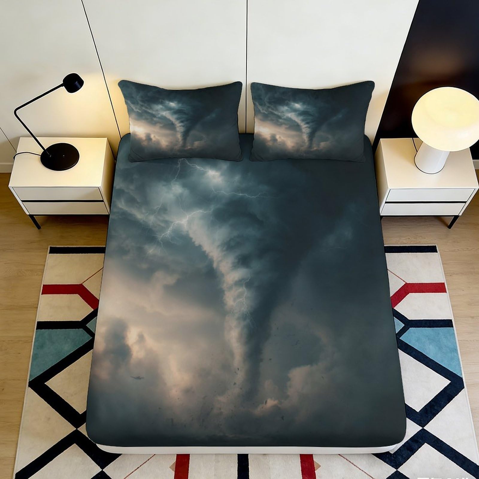 3D Printed Tornado Storm Fitted Sheet Microfiber Durable Breathable Lightning Bed Cover for Bedroom Dormitory Guest Room Mattress Protection 120x200x25cm