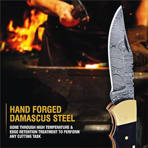 Miniatura 5 de G K ENTERPRISES Cuchillo plegable de damasco premium, cuchillo de bolsillo afilado hecho a mano con funda, cuchillo de caza ideal para acampar y