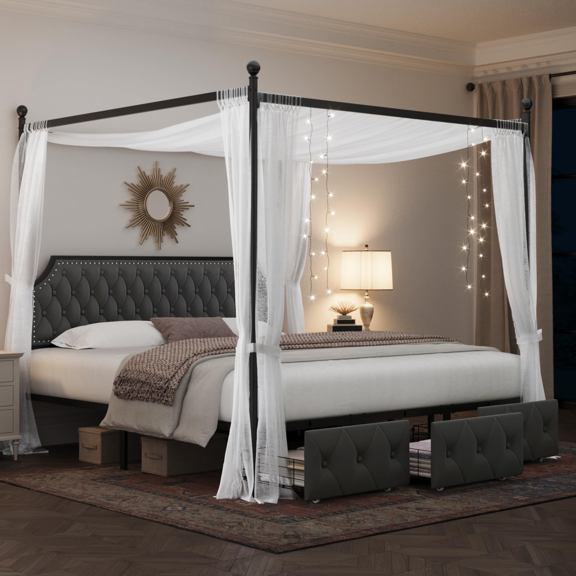 Keyluv King Upholstered Canopy Bed Frame with 3 Storage Drawers & Button Tufted Headboard, Metal Platform Bed with 4 Removable Posts, Two-Purpose Velvet Bed, Dark Grey/Curtain Not Included
