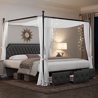 12 Dark Wood Bedroom Furniture Decor Ideas for Rich Cozy Style 10 Keyluv King Upholstered Canopy Bed Frame with 3 Drawers and Button Tufte...