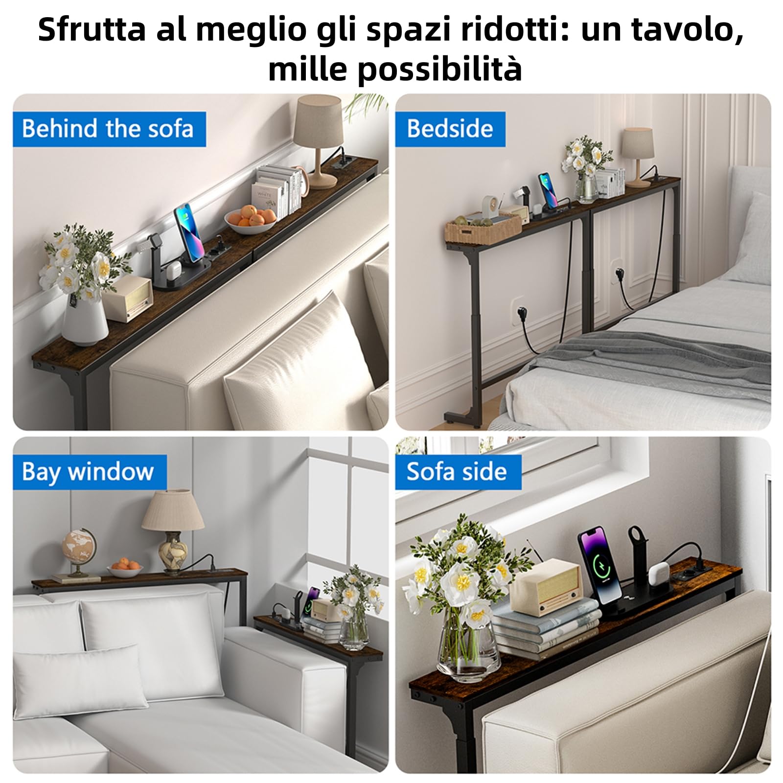 2er Set Konsolentisch schmal mit Steckdose, 8-stufig Höhenverstellbar Sofa Tisch (100x15cm), Schmaler Konsolentisch hinter dem Sofa, Console Table mit USB & Type-C, Couch Regal für Wohnzimmer