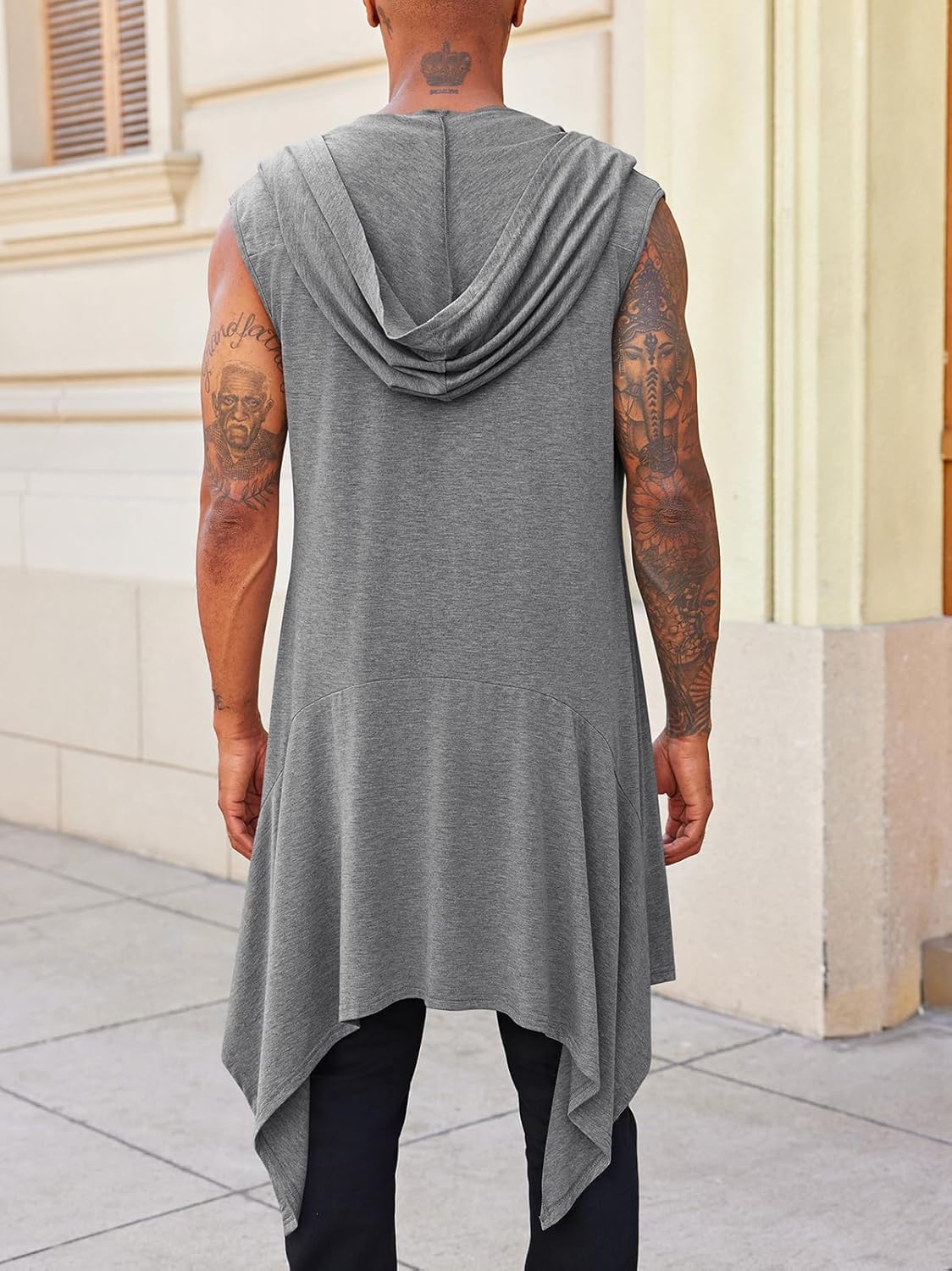 Runcati Mens Hooded Cardigan Sleeveless Ruffle Shawl Collar Open Front Knit Drape Robe - Image 5
