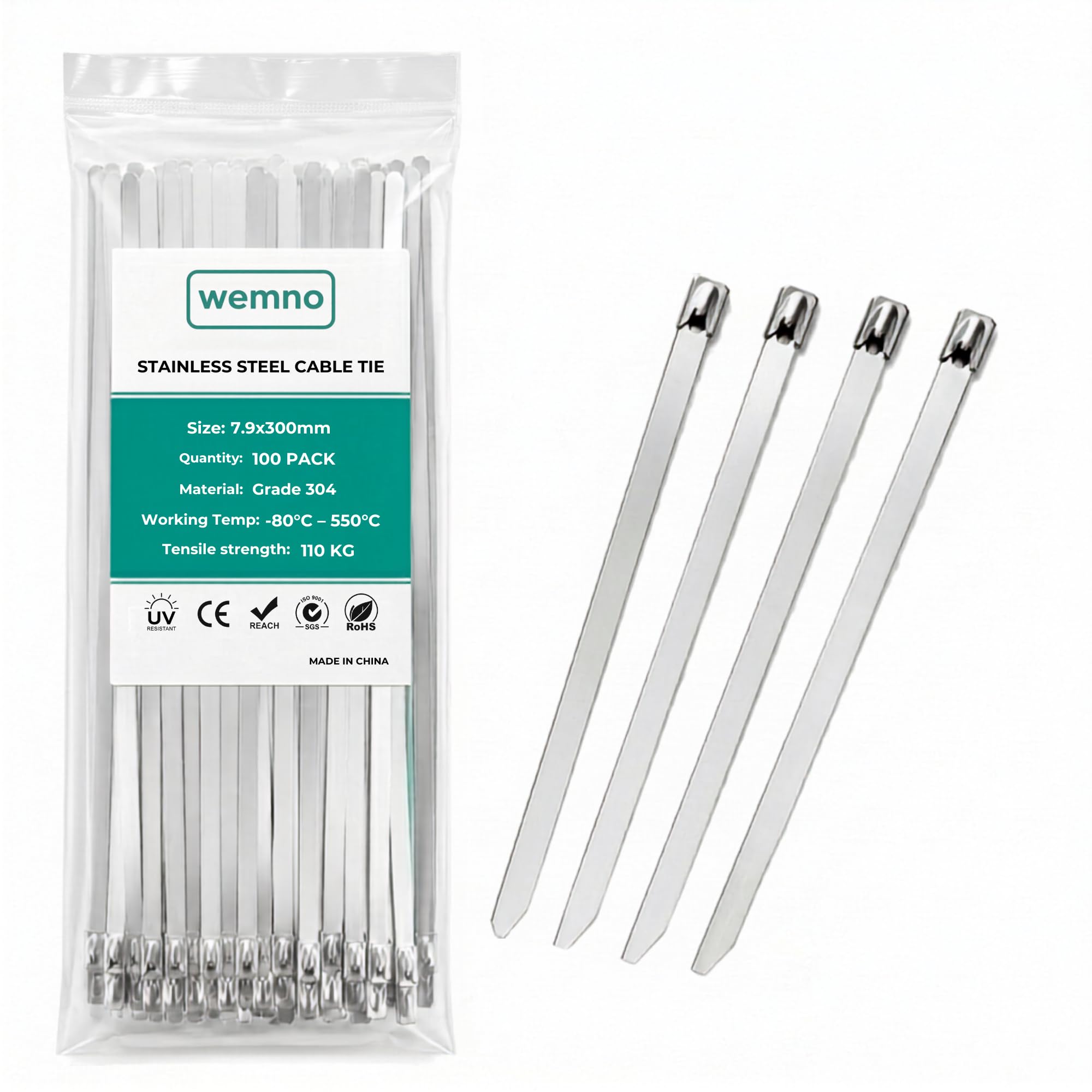WEMNO Stainless Steel Cable Ties 7.9×300mm Pack of 100 | 304 Grade Heavy Duty | BS EN IEC 62275:2019 Certified | CE Marked | HVAC Pipe Banding Industrial | Outdoor Marine | M&E Installer