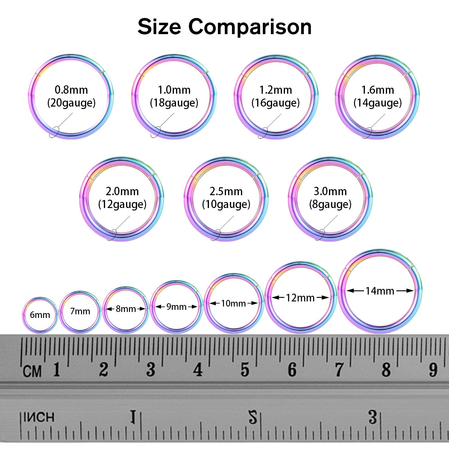 AROWRO 316L Surgical Steel Hinged Nose Rings Hoop 20G 18G 16G 14G 12G 10G 8G 6G 4G Seamless Piercing Rings for Nose Septum Cartilage Helix Tragus Conch Rook Daith Lobe Diameter 6mm to 14mm — view 5