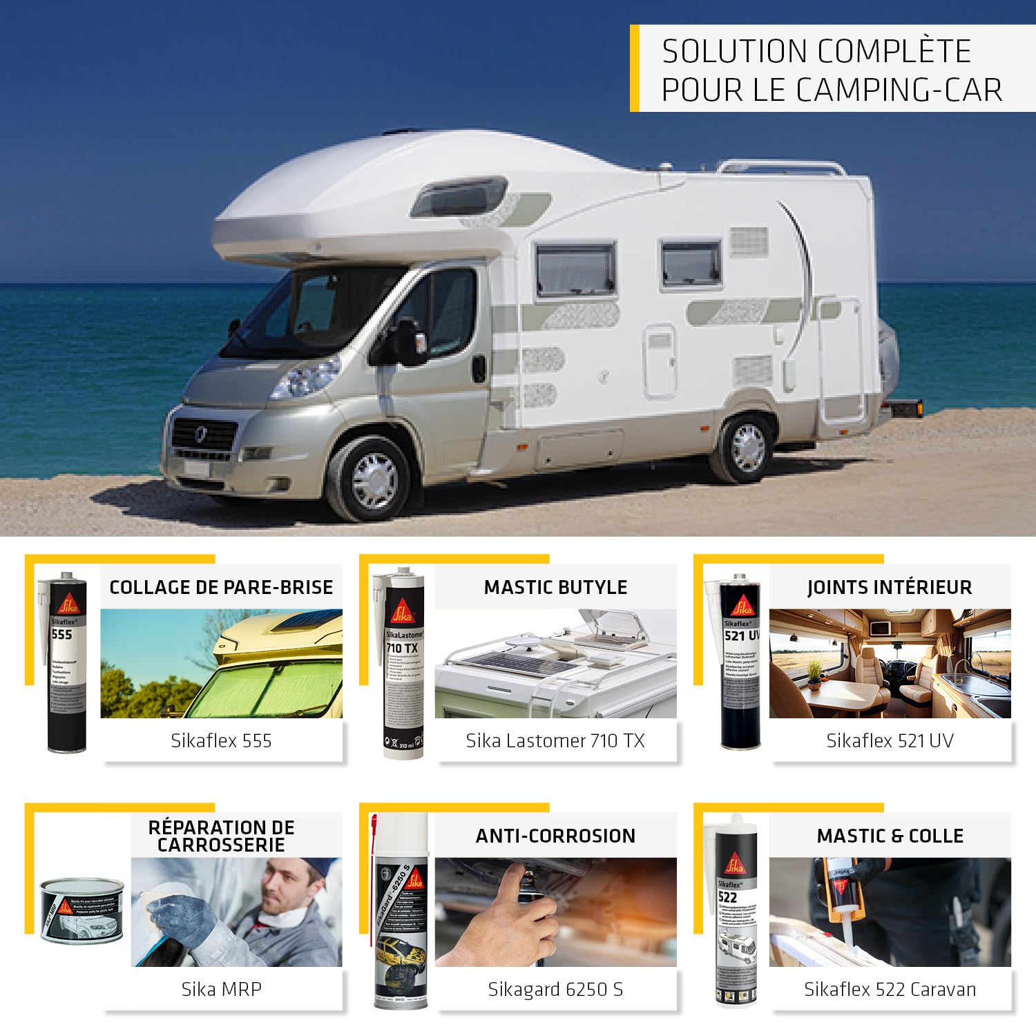 SIKA - Mastic-colle multi-usage - Sikaflex 521 UV - Gris - Carton 12x300ml | Joints d'étanchéité camping-car/caravane/mobil-home - Adhérence élevée - Résistant aux UV - Sans solvant