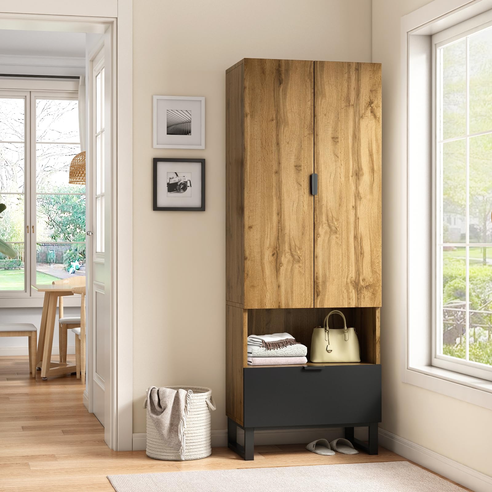 Set di cassetti, guardaroba compatto con ripiani regolabili e asta appendiabiti, set con 2 ante e maniglia, per corridoi e ingresso, 180 x 65 x 38 cm, legno e nero