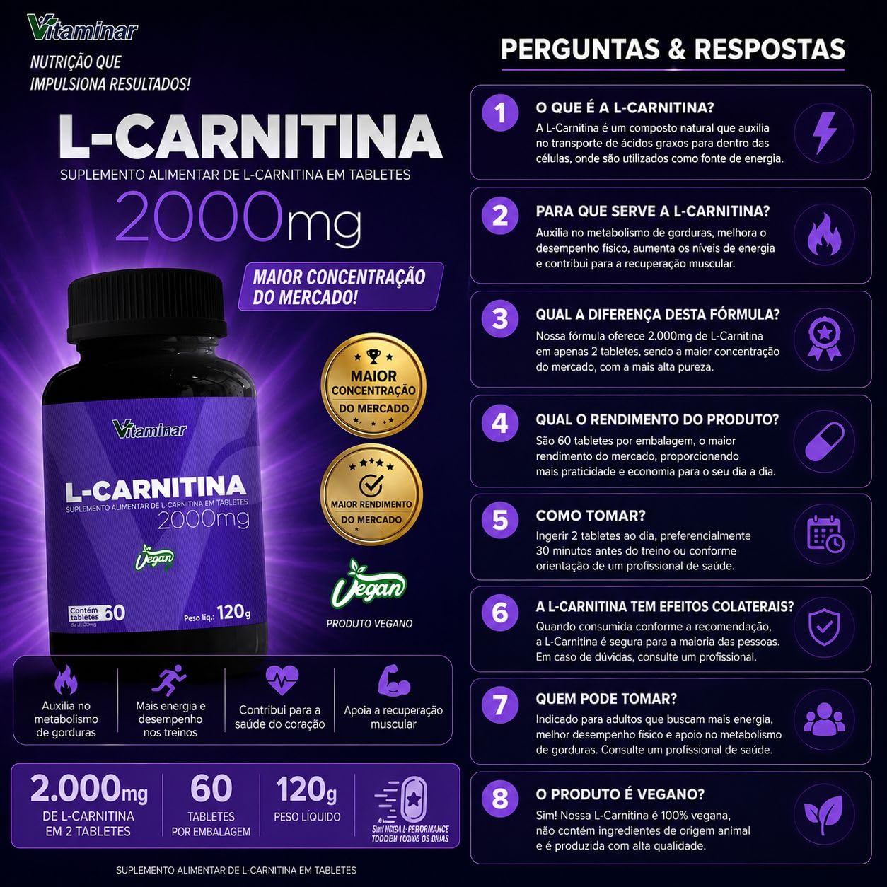 Vitaminar L-Carnitina 2000mg Vegano 120g 60 Tabletes