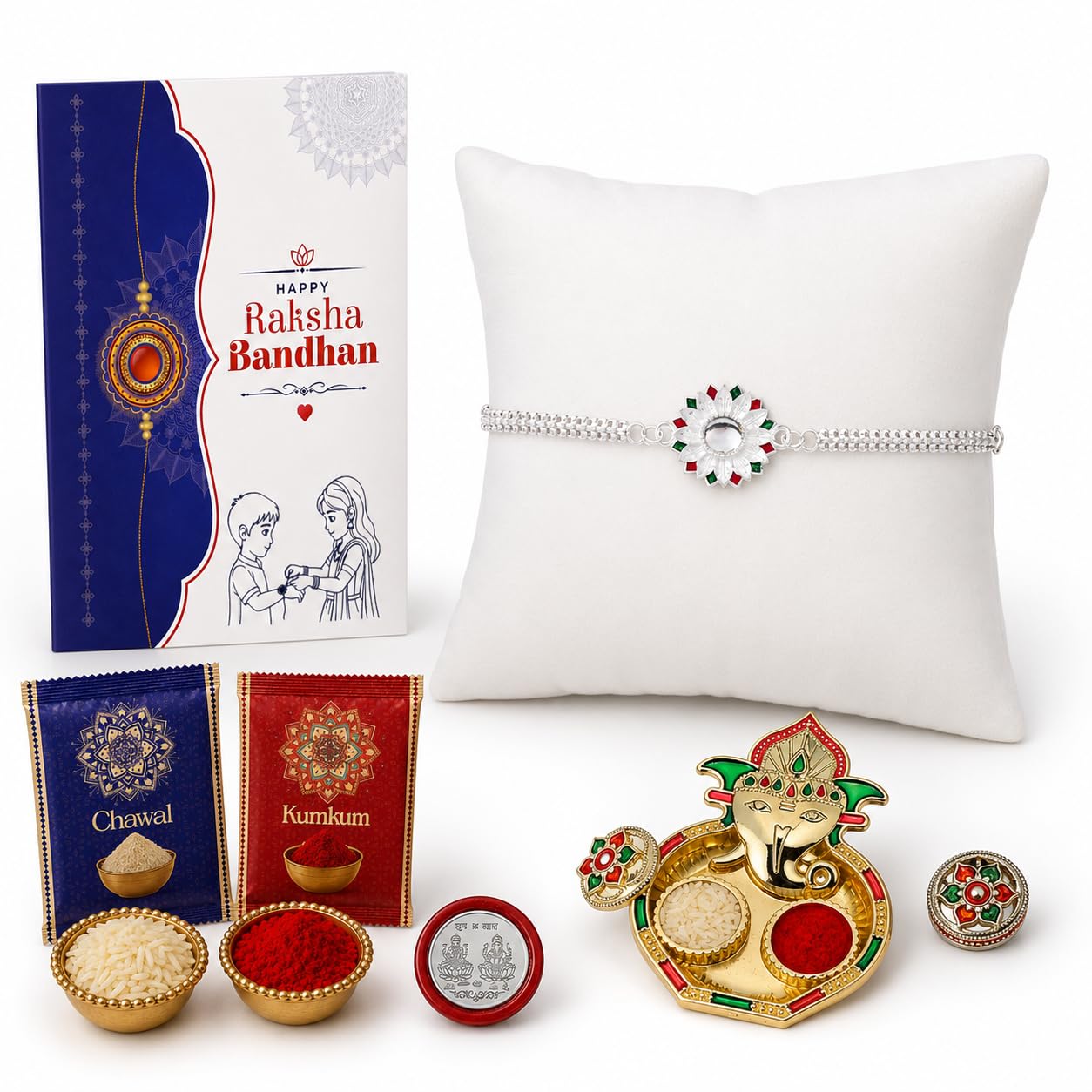 Oblivion Rakhi for Brother –Silver Colour Band Meenakari Round Floral Fancy Designer Rakhi with Roli Chawal, Silver Colour Coin, Ganesh Ji Pooja Thali & Card –Raksha Bandhan Rakhi Gift Hamper for Bhai-image-17