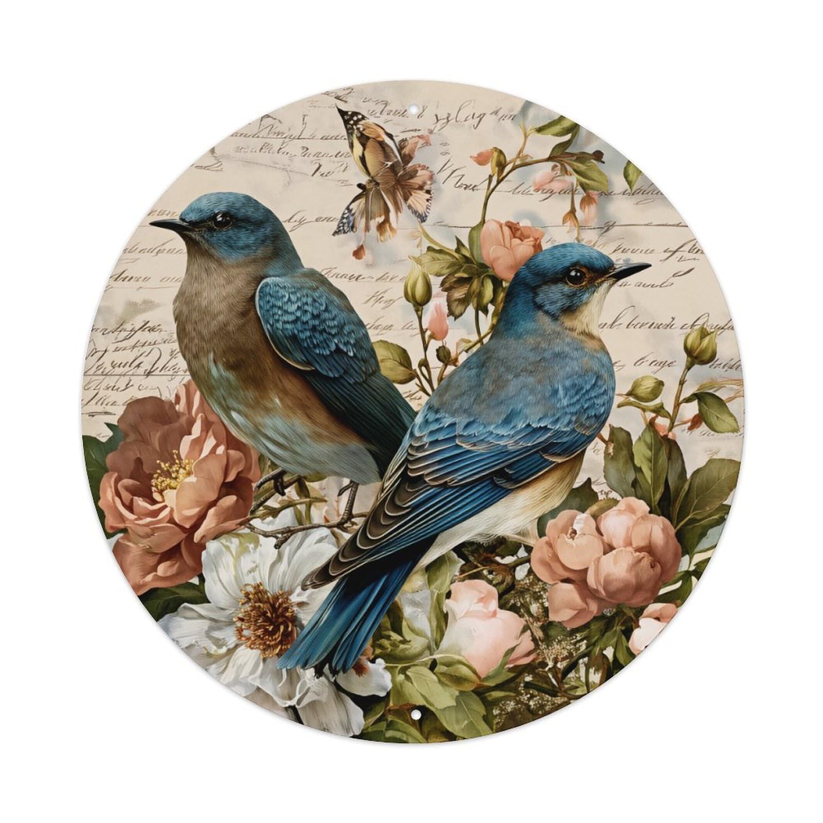 Birds Flowers Butterflies Script Background Round Tin Sign Retro Metal Sign for Cafe Bar Pub Home Game Room Gym Club Wall Decoration Vintage Metal Poster 8x8 Inch