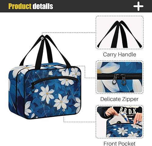 Miniatura 4 de FLORES y blancos Azul oscuro Elegantes bolsos colgantes para mujer impermeable con gancho, diseñador impermeable acolchado bolsa de maquillaje